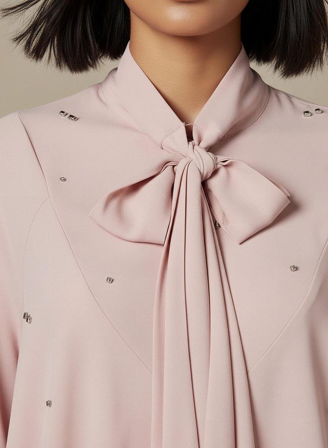 Iconic Regular Fit Pussy Bow Neck Top with Embellishment - Image 3