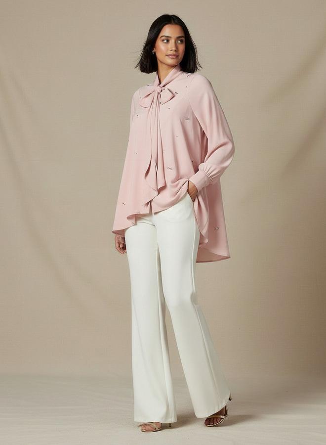 Iconic Regular Fit Pussy Bow Neck Top with Embellishment - Image 2