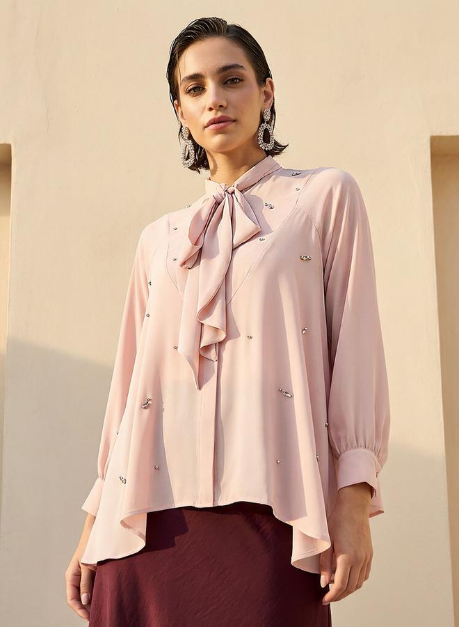 Iconic Regular Fit Bow Neck Top with Embellishment - Image 1