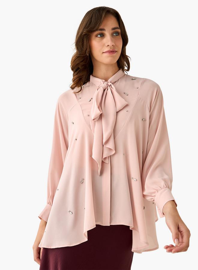 Iconic Regular Fit Bow Neck Top with Embellishment - Image 2