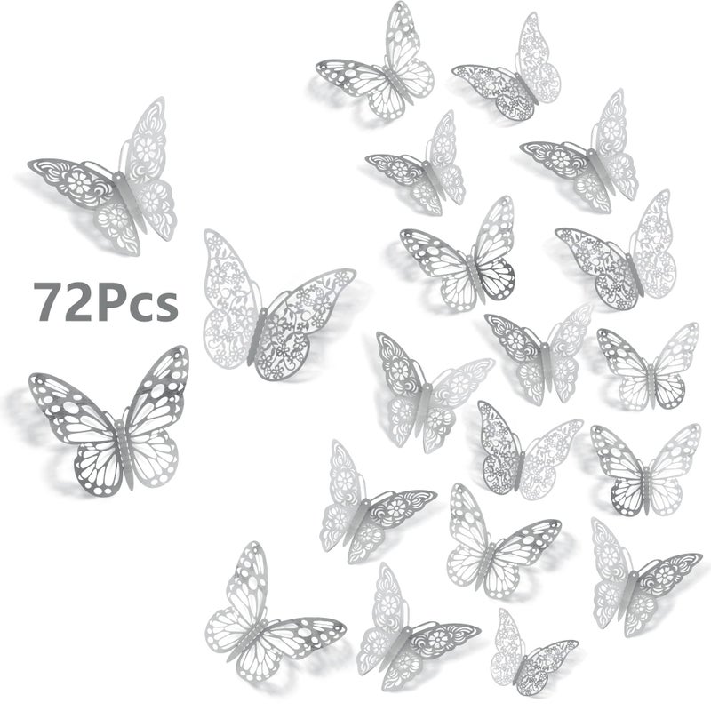 SAOROPEB 3D Butterfly Wall Stickers, 72Pcs 3 Sizes 3 Styles, Removable Metallic Wall Decals Fridge Sticker Room Mural Decoration for Kids Bedroom Nursery Classroom Party Wedding Decor DIY Gift (Sliver) - Image 1