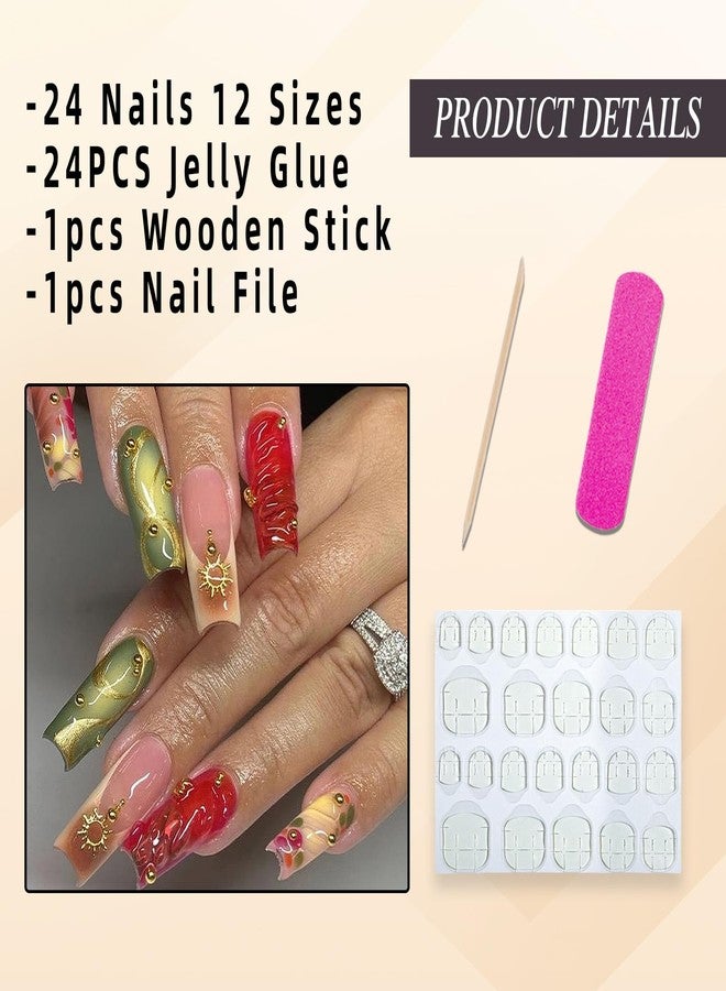 Jremg Medium Square Press on Nails French Tip Fake Nails with Gold Star Charms Designs Glossy 3D Stereoscopic Coffin False Nails Brown Gradient Glue on Nails Reusable Stick on Nails for Women 24Pcs - Image 5