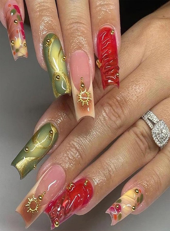 Jremg Medium Square Press on Nails French Tip Fake Nails with Gold Star Charms Designs Glossy 3D Stereoscopic Coffin False Nails Brown Gradient Glue on Nails Reusable Stick on Nails for Women 24Pcs - Image 1