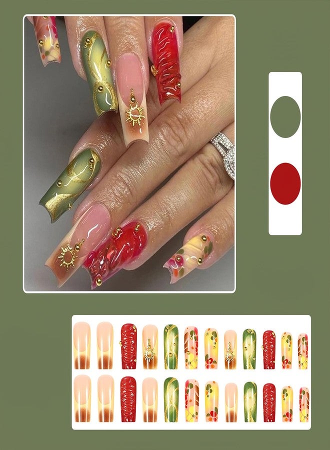 Jremg Medium Square Press on Nails French Tip Fake Nails with Gold Star Charms Designs Glossy 3D Stereoscopic Coffin False Nails Brown Gradient Glue on Nails Reusable Stick on Nails for Women 24Pcs - Image 2