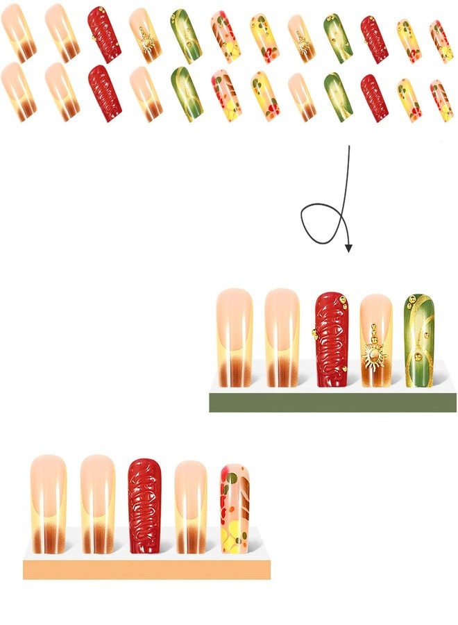 Jremg Medium Square Press on Nails French Tip Fake Nails with Gold Star Charms Designs Glossy 3D Stereoscopic Coffin False Nails Brown Gradient Glue on Nails Reusable Stick on Nails for Women 24Pcs - Image 3