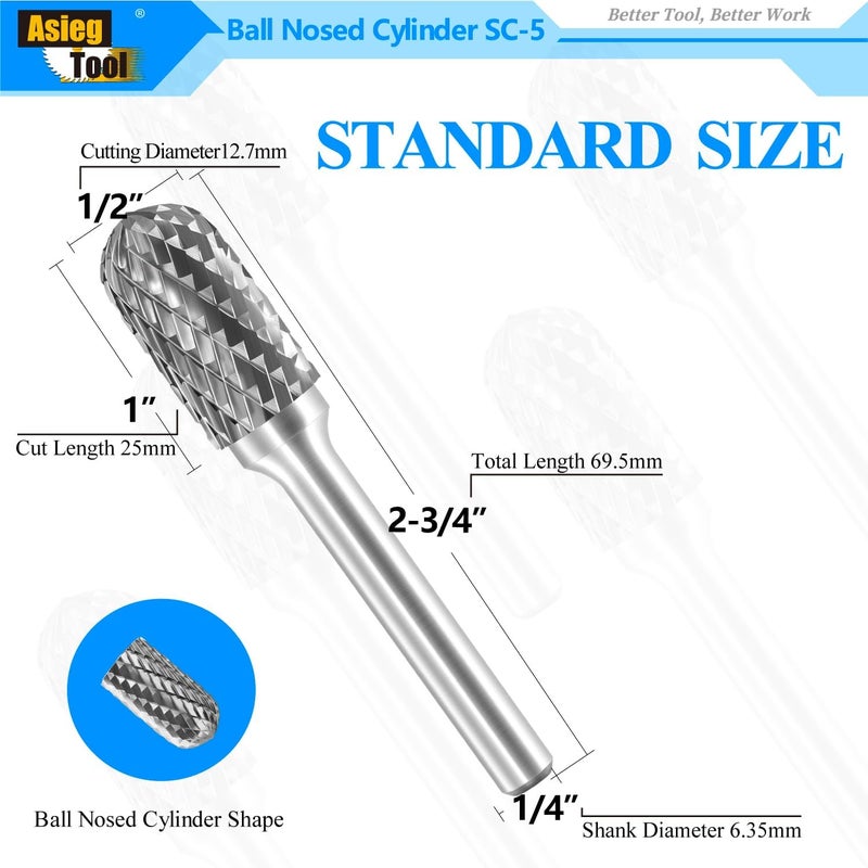 Asieg Tool SC-5 Tungsten Carbide Burr Rotary File Cylindrical Shape with Radius End Double Cut with 1/4''Shank for Die Grinder Drill Bit - Image 2