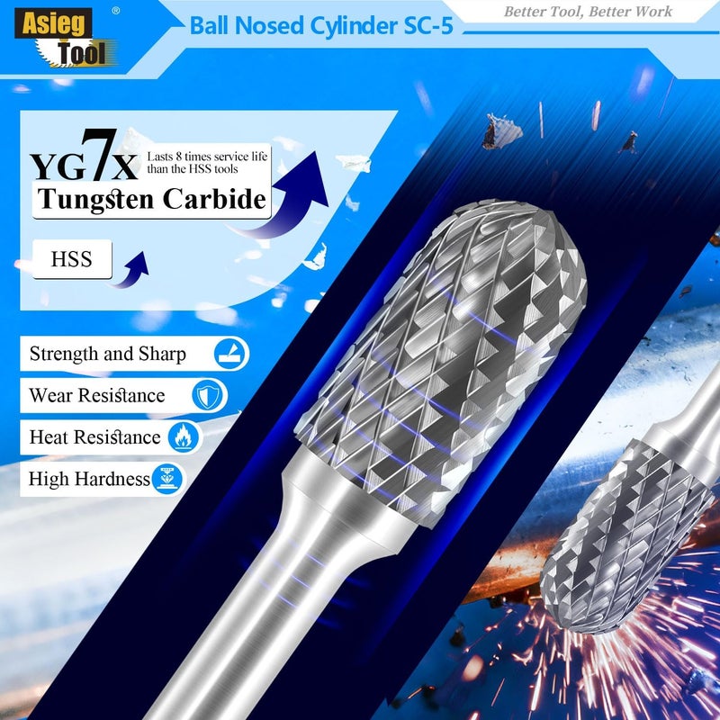 Asieg Tool SC-5 Tungsten Carbide Burr Rotary File Cylindrical Shape with Radius End Double Cut with 1/4''Shank for Die Grinder Drill Bit - Image 3