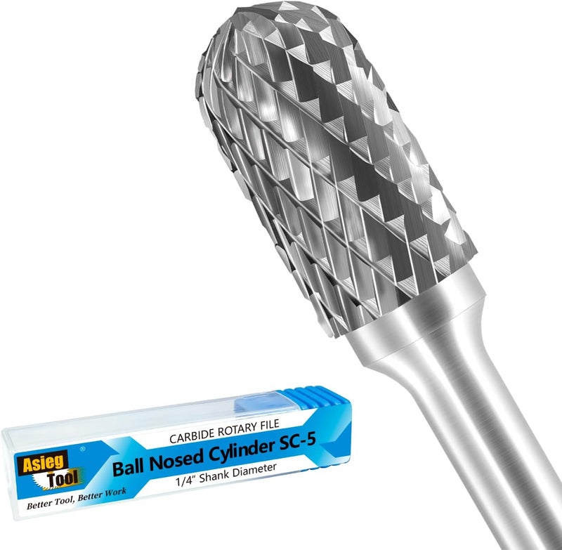 Asieg Tool SC-5 Tungsten Carbide Burr Rotary File Cylindrical Shape with Radius End Double Cut with 1/4''Shank for Die Grinder Drill Bit - Image 1