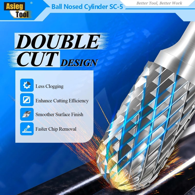 Asieg Tool SC-5 Tungsten Carbide Burr Rotary File Cylindrical Shape with Radius End Double Cut with 1/4''Shank for Die Grinder Drill Bit - Image 4