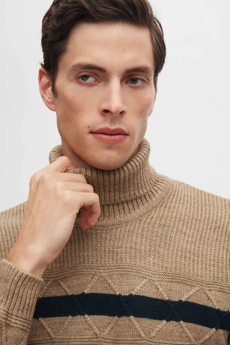 D'S DAMAT Ds Damat Regular Fit Camel Striped Non-Pilling Full Turtleneck Knitwear Sweater
