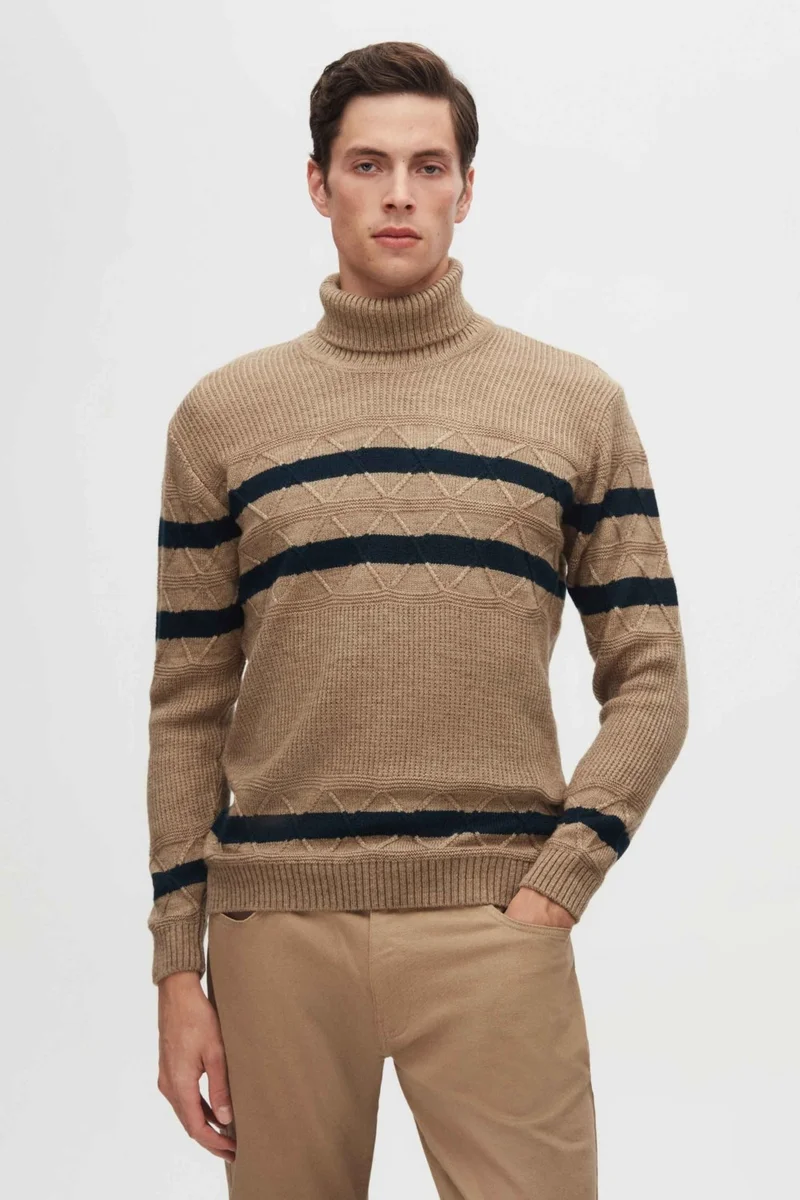 D'S DAMAT Ds Damat Regular Fit Camel Striped Non-Pilling Full Turtleneck Knitwear Sweater