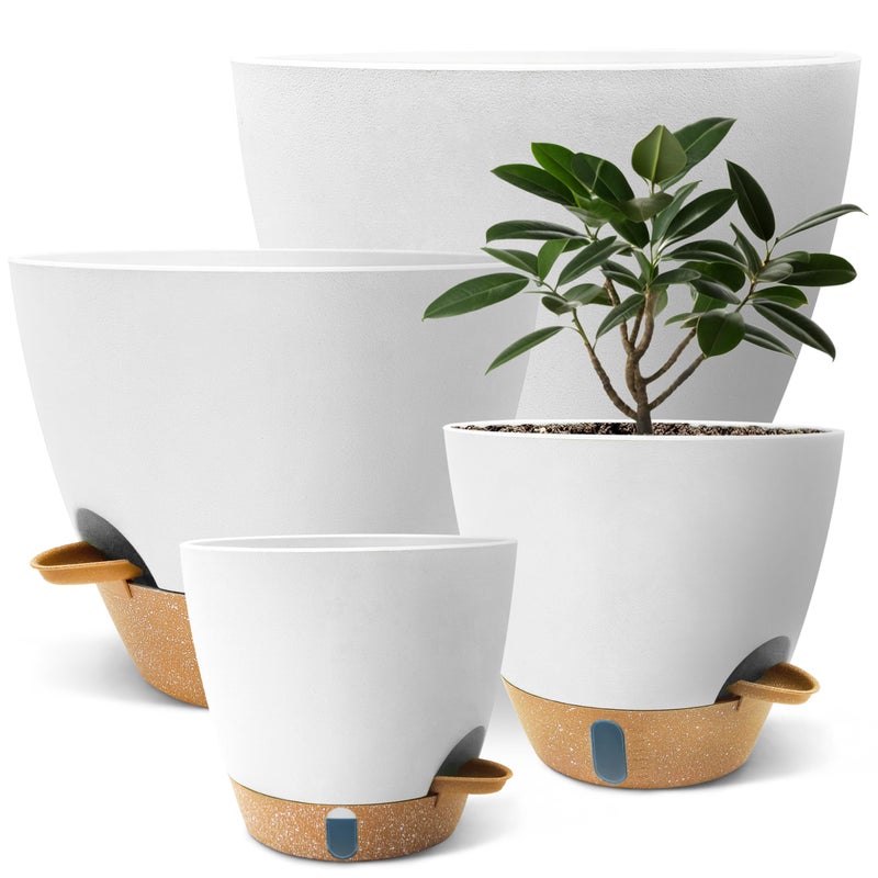 SORANGEUN 12/10/9/8 inch Self Watering Pots with Visual Water Window, Extra Large Self Watering Plant Pot with Drainage Holes and Saucers, White Flower Pots for Indoor Plants - Image 1