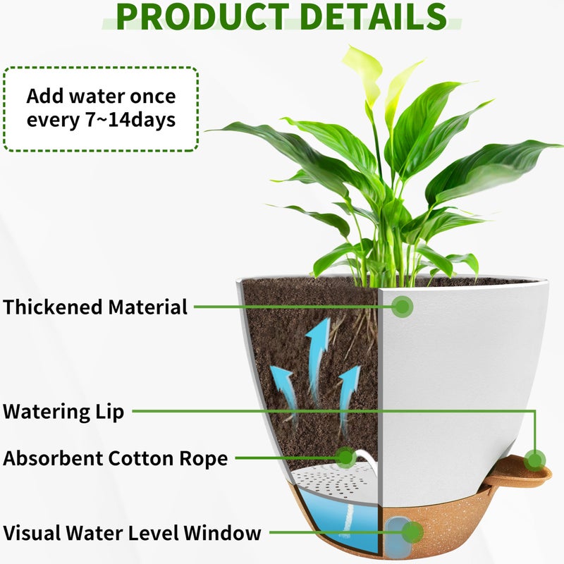 SORANGEUN 12/10/9/8 inch Self Watering Pots with Visual Water Window, Extra Large Self Watering Plant Pot with Drainage Holes and Saucers, White Flower Pots for Indoor Plants - Image 3