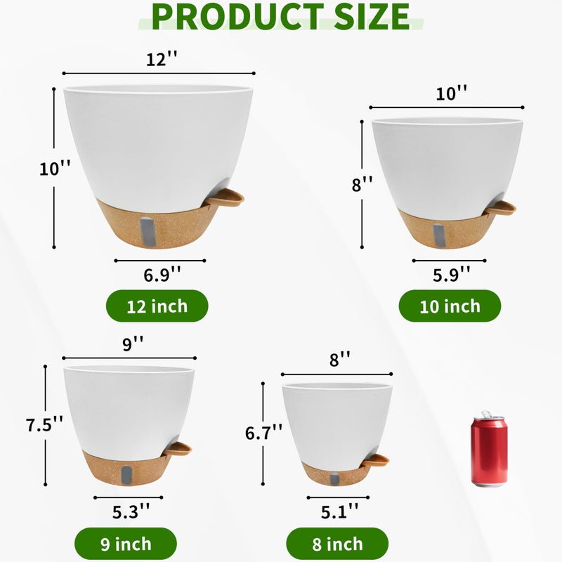 SORANGEUN 12/10/9/8 inch Self Watering Pots with Visual Water Window, Extra Large Self Watering Plant Pot with Drainage Holes and Saucers, White Flower Pots for Indoor Plants - Image 2