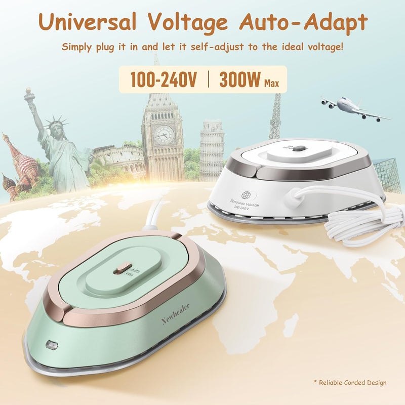 Newbealer Travel Iron - Mini Dual Voltage 220V/120V for Clothes, Compact With Small Pouch for Global Travel, Quilting & Sewing, Green | Max 300W, Heats in 60s, 302℉ Ceramic Soleplate, Handy Heat Press, 0.8lbs Lightweight for Quick Touch-ups Worldwide (Green) - Image 3