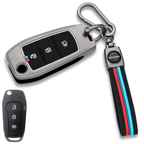 KEYCEPT Metal Key Cover Compatible for Ford Figo, Aspire, Endeavour Flip Key 3 Button Flip Key with Keychain (Long Keychain). - Image 1