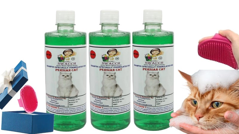 Swacch Persian Cat Shampoo -500ml (Pack of 3) (Neem Alovera) + Bath Brush with Adjustable Straps Combo Pack - Image 1