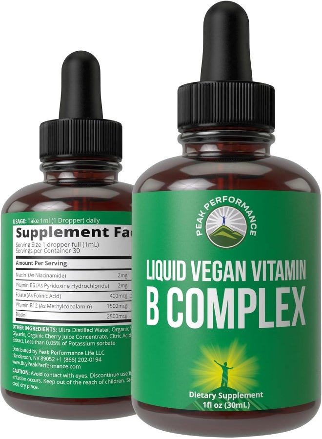 Peak Performance B Complex Liquid Drops Vegan Supplement. Best 5 B Vitamins with B3 Niacin, B6, B7 Biotin, B9 Folate, Methylcobalamin B12. B-Complex For Hair, Skin Nails, Energy. For Adults, Men, Women - Image 1