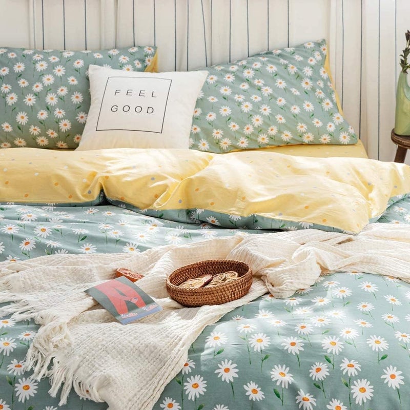 AMWAN Daisy Green Floral Duvet Cover Twin Cotton Girl Bedding Sets White Daisy Flower Print Comforter with 2 Pillowcases Garden Style Aesthetic Bedroom Collection Size, (AMYTCJ07-1T) - Image 3