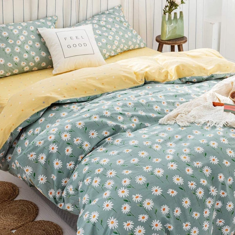AMWAN Daisy Green Floral Duvet Cover Twin Cotton Girl Bedding Sets White Daisy Flower Print Comforter with 2 Pillowcases Garden Style Aesthetic Bedroom Collection Size, (AMYTCJ07-1T) - Image 4