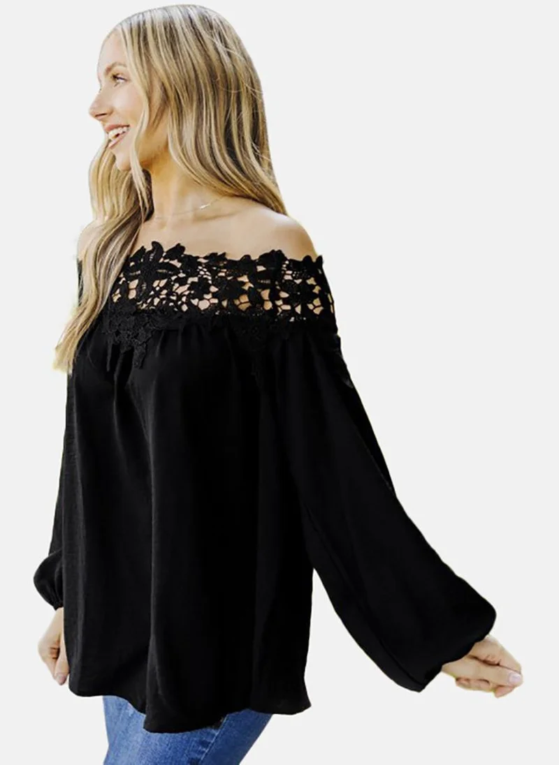 YUNIQEE Black Solid Long Sleeve Off-shoulder Tunics