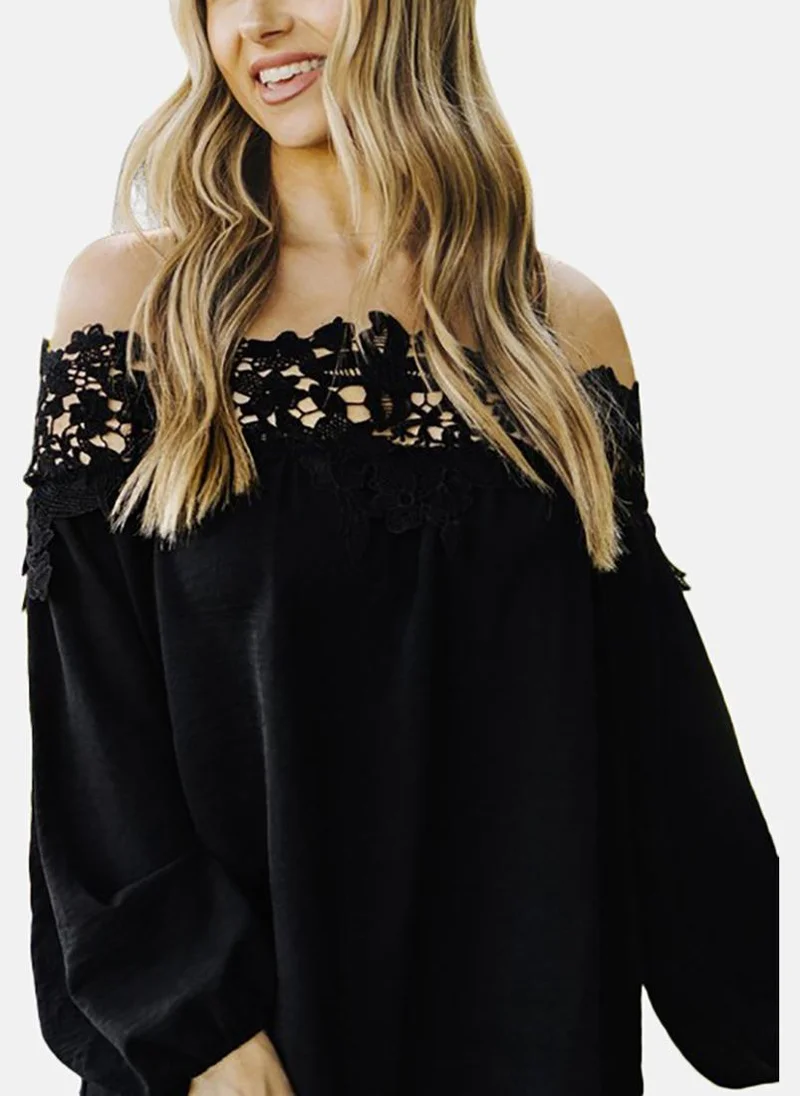 يونيكي Black Solid Long Sleeve Off-shoulder Tunics