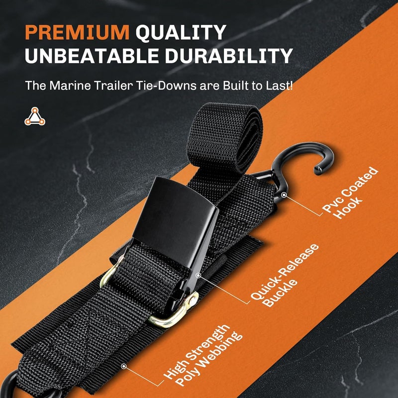 WELLUCK Boat Trailer Transom Tie Downs Straps 1200 LBS, 2" x 4' Adjustable Boat Buckle Transom Tie Downs to Trailer, Marine, Jet ski, Pontoon, with Quick Release Buckle & Anti-Scratch Hooks - Image 4
