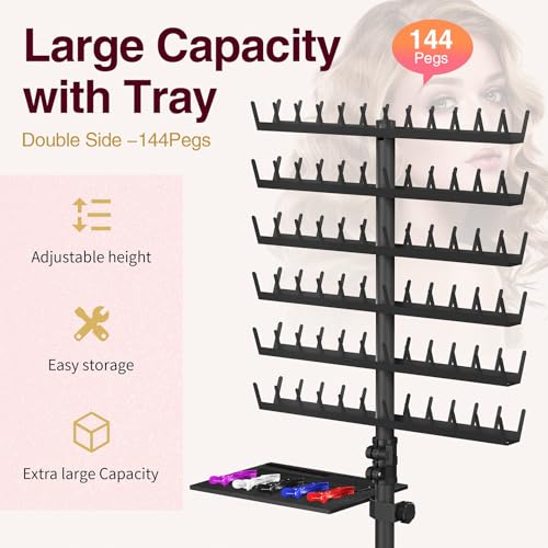 Hemndic Braiding Hair Rack with Tray 2sided 144 Pegs Heavy Duty Braiding Rack Stand for Hair Height Adjustable Standing Hair Extension Holder with Storage Bag Braiding Accessories - Image 3