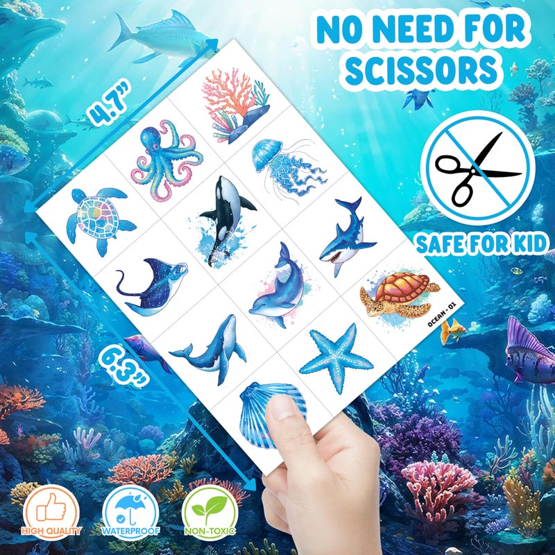 91TATTOOS 96 PCS Ocean Sea Animal Shark Whale Fish Pre-Cut Temporary Tattoos for Kids | Super Cute Themed Birthday Party Favors, Supplies, Decorations, Fake Tattoo Stickers (Multiple) - Image 4