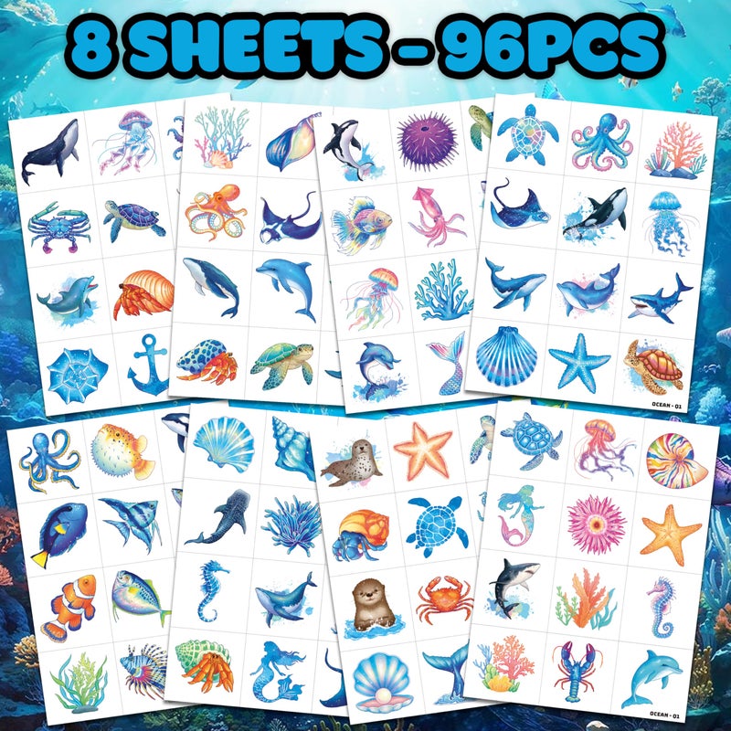 91TATTOOS 96 PCS Ocean Sea Animal Shark Whale Fish Pre-Cut Temporary Tattoos for Kids | Super Cute Themed Birthday Party Favors, Supplies, Decorations, Fake Tattoo Stickers (Multiple) - Image 3