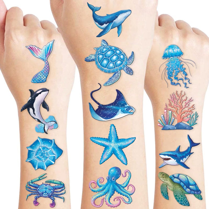 91TATTOOS 96 PCS Ocean Sea Animal Shark Whale Fish Pre-Cut Temporary Tattoos for Kids | Super Cute Themed Birthday Party Favors, Supplies, Decorations, Fake Tattoo Stickers (Multiple) - Image 1