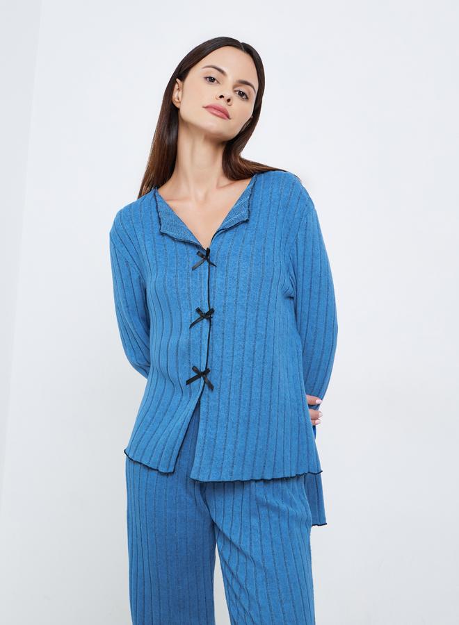 Styli Rib Bow Trim Detail Top and Pyjama Set - Image 3