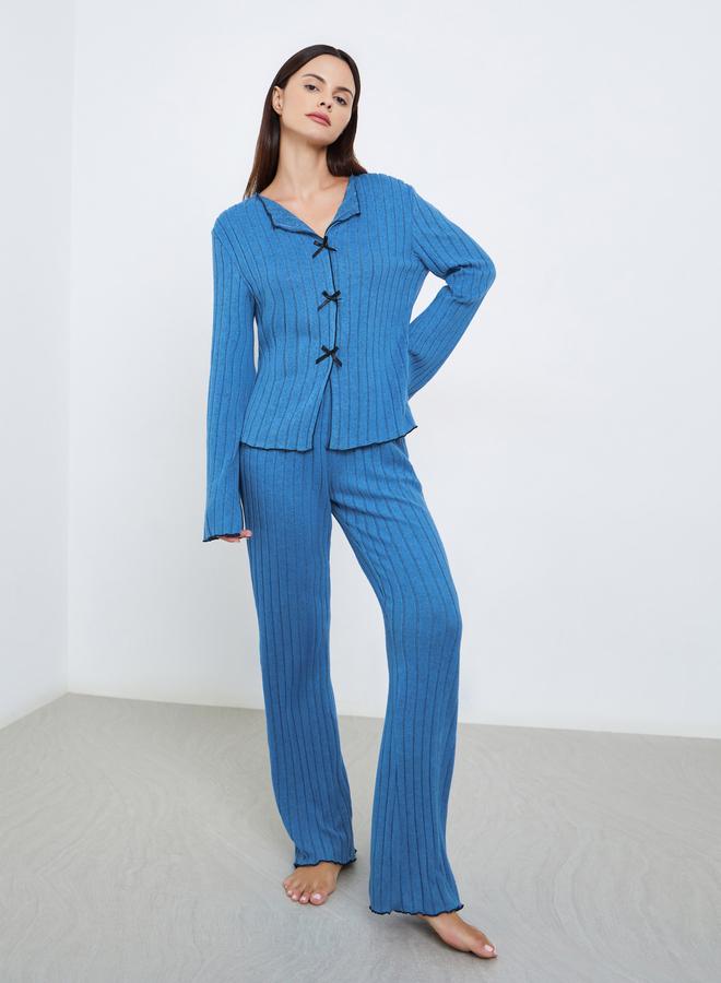 Styli Rib Bow Trim Detail Top and Pyjama Set - Image 2
