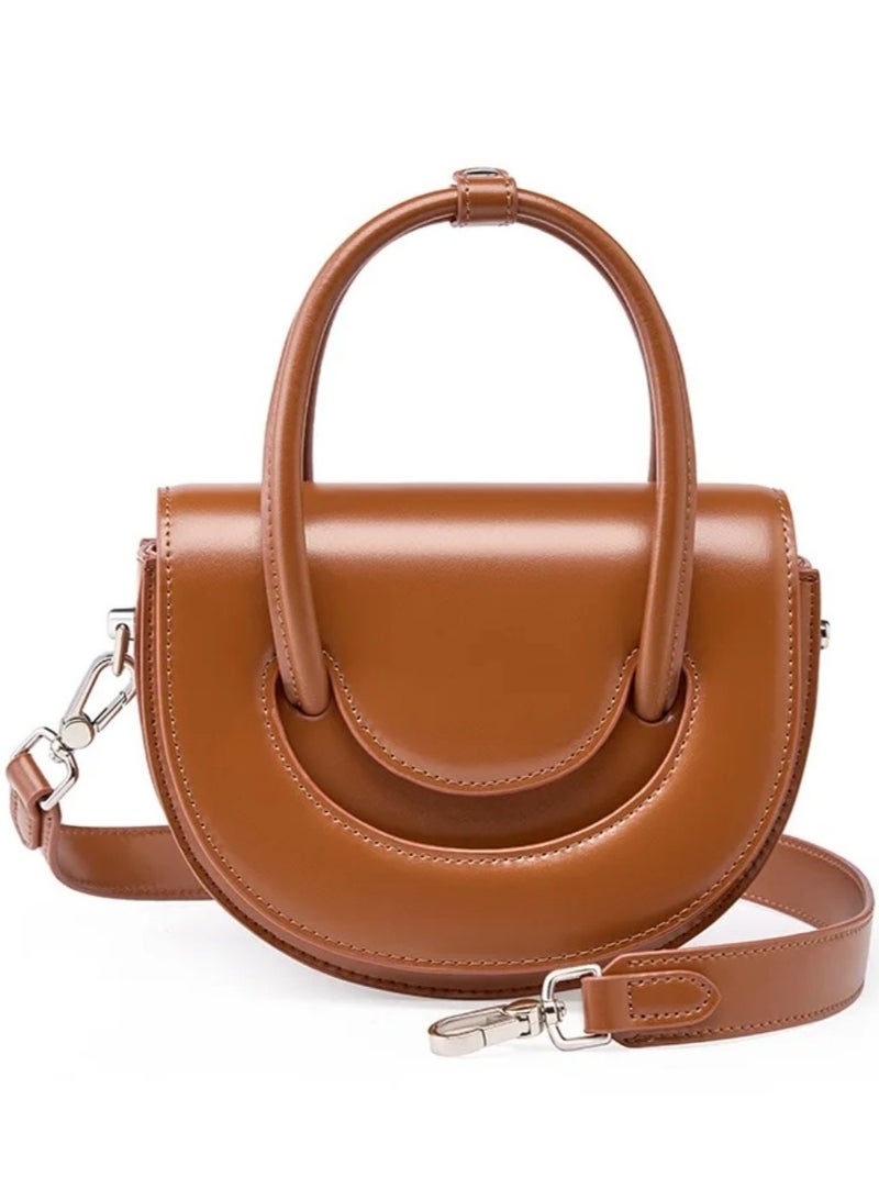 UHURA Brown Saddle Bag – Genuine Leather Handbag for Women, Stylish Crossbody Handbag with Classic Design, Luxury Sling Bag for Ladies, Shoulder Tote for Everyday Use, Durable and Lightweight Small Purse, Perfect for Work, Shopping, and Casual Outings - Image 1