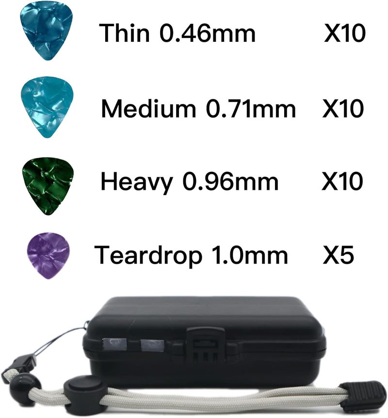 Aestivate Guitar Pick Holder with 35 Picks in 4 Sizes 4 Thickness Celluloid Guitar Pick, Guitar Picks Set 9 Grids Case Portable Picks Organizer Box with Adjustable Nylon Wrist Strap Lanyard - Image 3