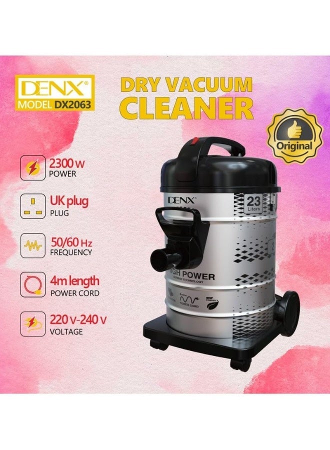 دينكس مكنسة كهربائية أسطوانية من DENX طراز DX2063 | قوة عالية 2300 واط | حاوية غبار كبيرة سعة 23 لتر | تنظيف جاف ورطب | سلك بطول 4 أمتار | مكنسة كهربائية سلكية للاستخدام في المنزل والمكتب وورشة العمل - Image 2