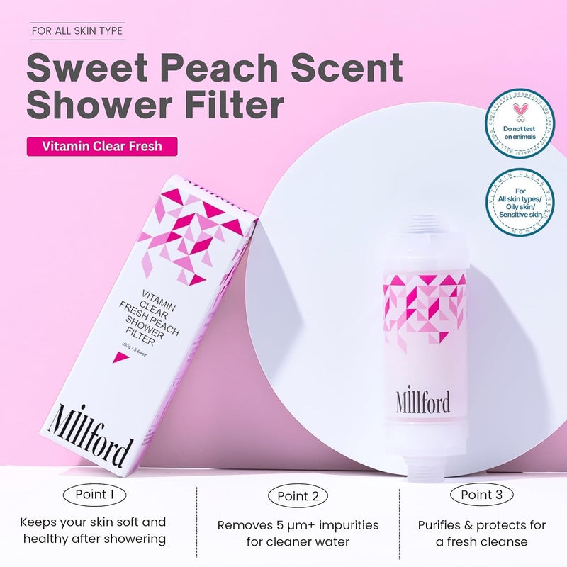 Millford Vitamin C Shower Filter - Korean Purifier for Hard Water, Removes 99% Chlorine & Impurities, Natural Shower Infuser Detox, Deep Cleansing for Skin & Hair Hydration Boost (Peach Scent) - Image 4