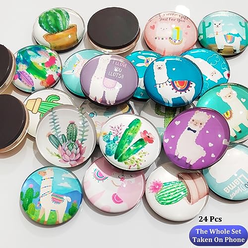 YayaCat 24Pcs 1.2in Round Crystal Glass Refrigerator Magnets,Strong & Non Scratch for Fridge,Locker,Office,Classroom & Kitchen Decor,Irresistibly Cute Alpaca & Cactus Design - Image 3