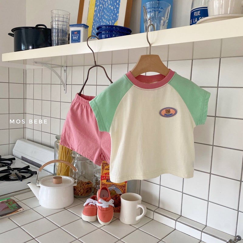 Korean style childrens clothing childrens short sleeve suit summer baby girls clothes babys contrast color two-piece baby cotton summer clothes Pink  - Image 1