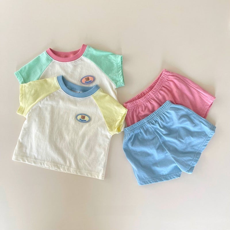 Korean style childrens clothing childrens short sleeve suit summer baby girls clothes babys contrast color two-piece baby cotton summer clothes Pink  - Image 3