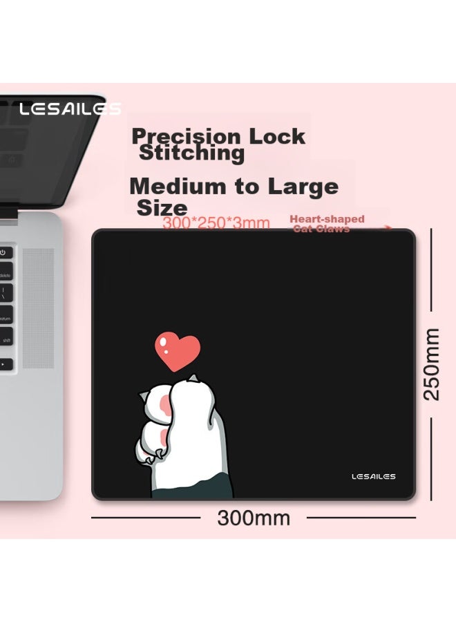 Lesailes Feidun Lesailes Heart-shaped Cat Paw Gaming Mouse Pad, Medium Size With Locked Edges, Computer Keyboard Desk Mat, Black, 300*250*3mm - Image 1