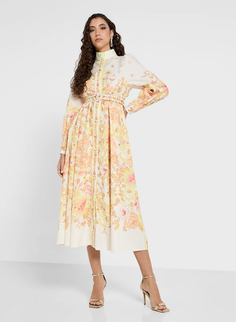 خزانة Floral Belted Midi Dress