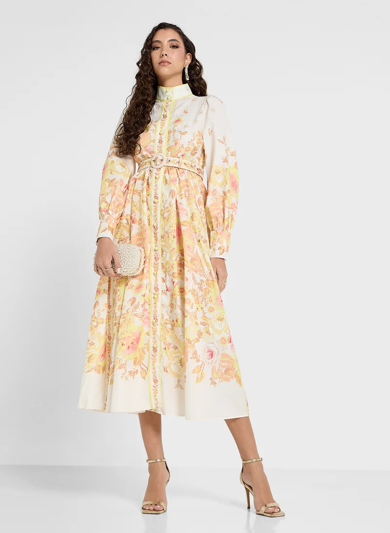 خزانة Floral Belted Midi Dress