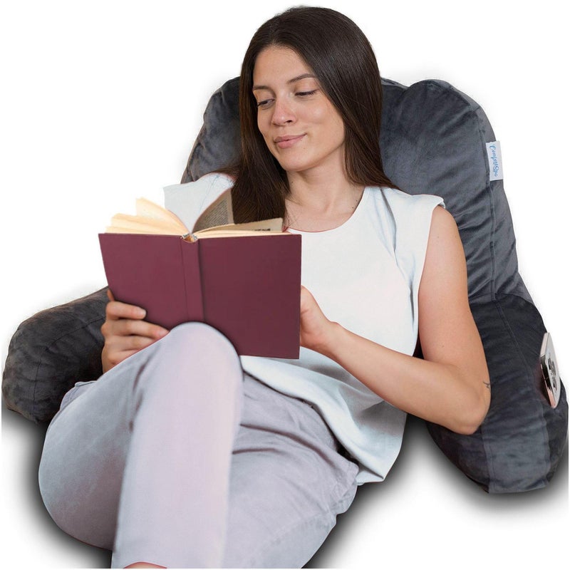 ComfortSpa Reading Pillow for Bed Adult Size, Back Rest Pillow with Arms, Pockets and Washable Cover; Use as a Back Pillow for Bed Sitting Up for Bedrest or Relief from GERD Heartburn (Large Grey) - Image 1
