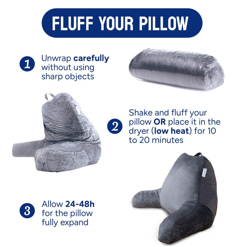 ComfortSpa Reading Pillow for Bed Adult Size, Back Rest Pillow with Arms, Pockets and Washable Cover; Use as a Back Pillow for Bed Sitting Up for Bedrest or Relief from GERD Heartburn (Large Grey) - Image 4
