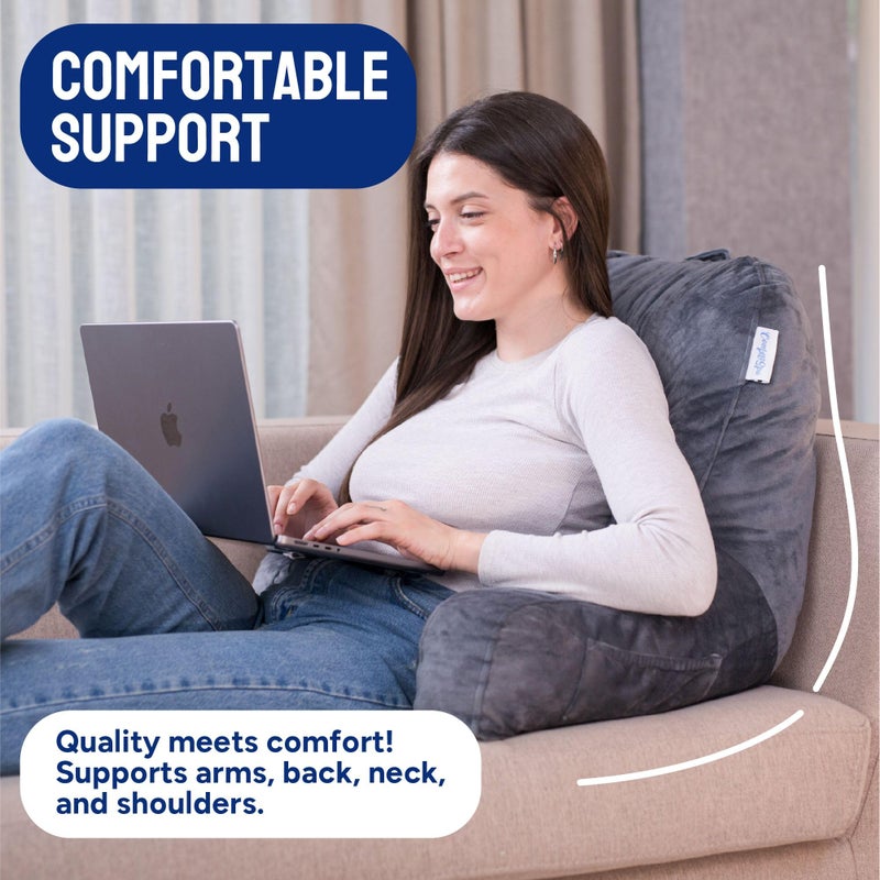 ComfortSpa Reading Pillow for Bed Adult Size, Back Rest Pillow with Arms, Pockets and Washable Cover; Use as a Back Pillow for Bed Sitting Up for Bedrest or Relief from GERD Heartburn (Large Grey) - Image 5