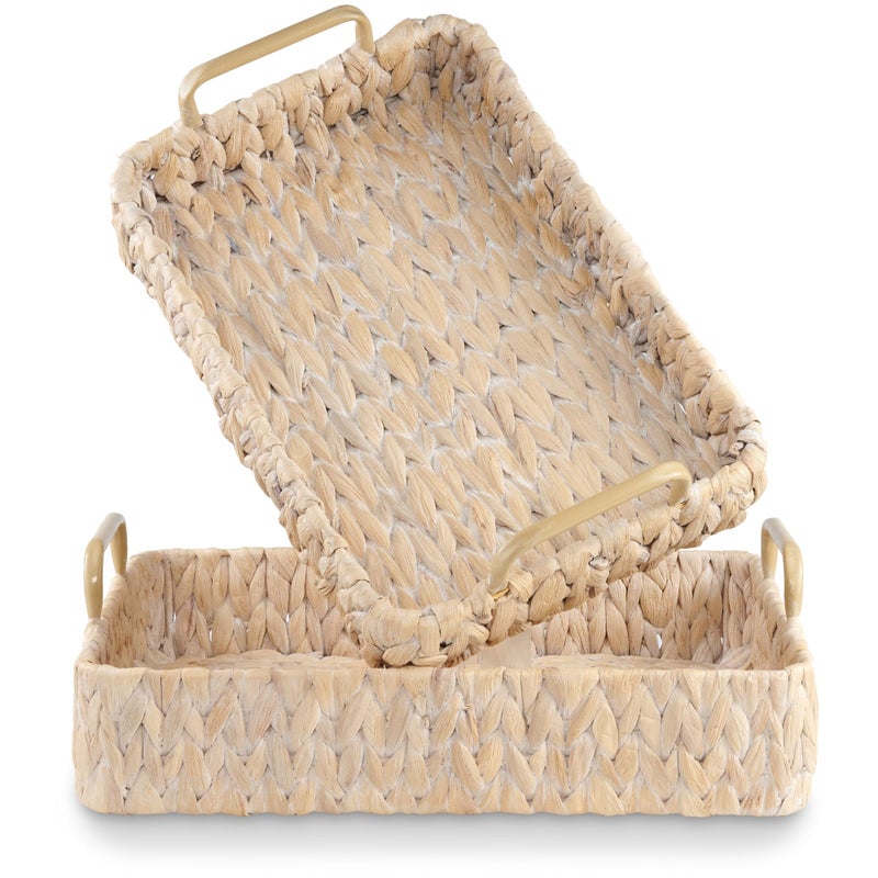 84ECO Set of 2 Rectangular Wicker Trays with Handles - Decorative Trays for Coffee Table, Ottoman, Dining Room, Living Room (White) - Image 1