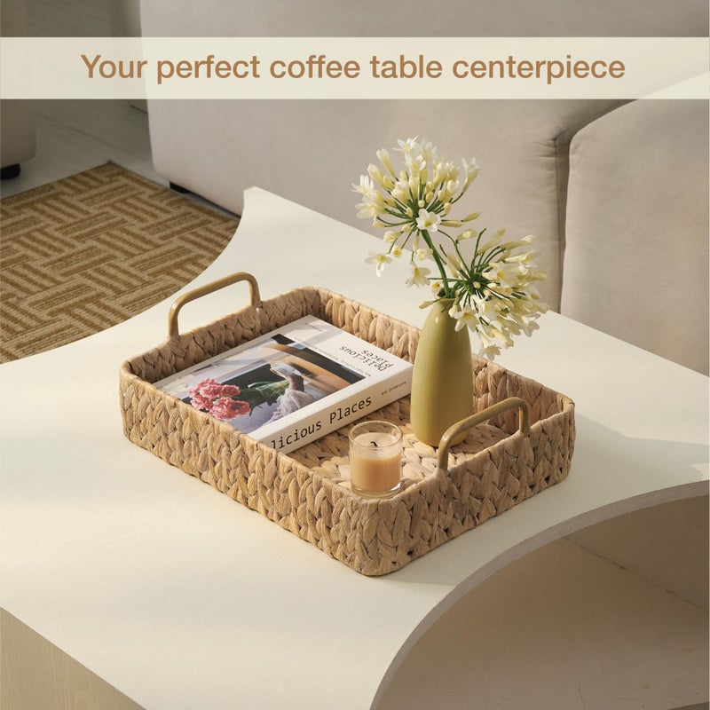 84ECO Set of 2 Rectangular Wicker Trays with Handles - Decorative Trays for Coffee Table, Ottoman, Dining Room, Living Room (White) - Image 2