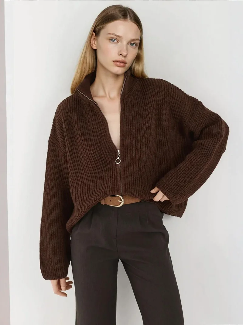 HICCUP Zippered Relaxed Fit Knit Cardigan