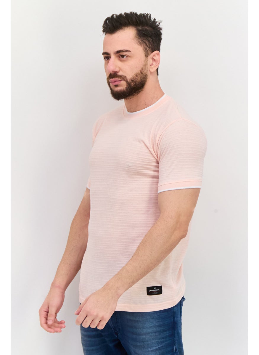 Modern Culture Men Round Neck Short Sleeve Stripe T-Shirt, Pink  - Image 2